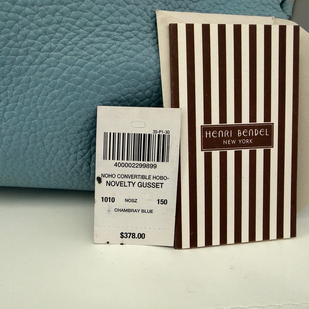 Henri Bendel Chambray Blue Hobo Bag Whipstitch Accent Zip Closure Gold Hardware - Picture 2 of 10